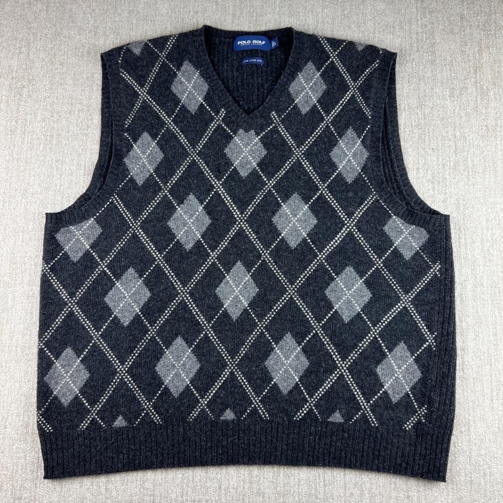 Polo Golf Ralph Lauren Sweater Vest Mens L Grey Argyle Soft Lambswool V-Neck